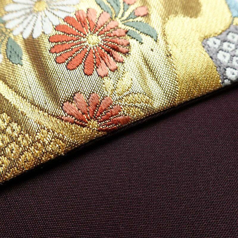 袋帯 西陣織 六通柄 良品 証紙あり フォーマル用 正絹 古典柄 箔 金糸 帯 花紀行 紫・藤色_画像11