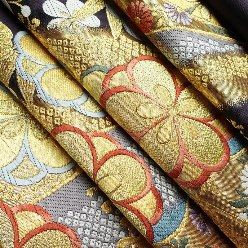 袋帯 西陣織 六通柄 良品 証紙あり フォーマル用 正絹 古典柄 箔 金糸 帯 花紀行 紫・藤色_画像18