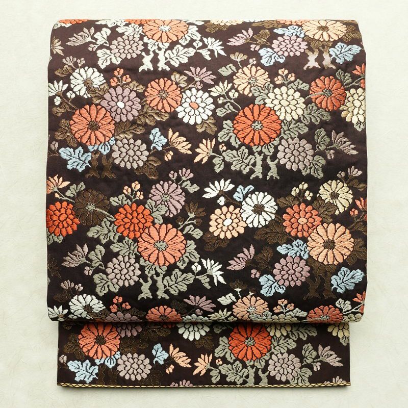 袋帯 六通柄 良品 フォーマル用 正絹 花柄 箔 帯 菊 茶_画像1