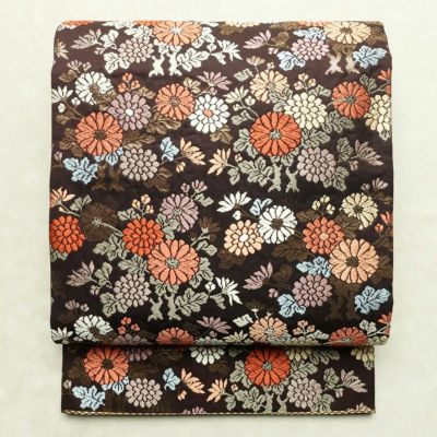 袋帯 六通柄 良品 フォーマル用 正絹 花柄 箔 帯 菊 茶