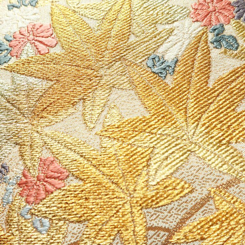 袋帯 六通柄 フォーマル用 正絹 木の葉・植物柄 箔 金糸 帯 赤・朱_画像3