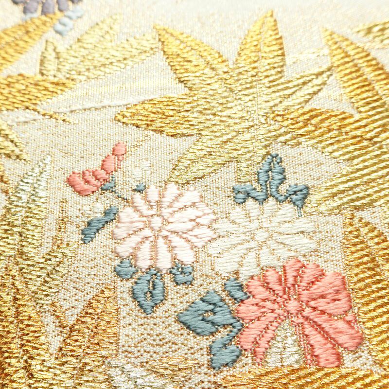 袋帯 六通柄 フォーマル用 正絹 木の葉・植物柄 箔 金糸 帯 赤・朱_画像5