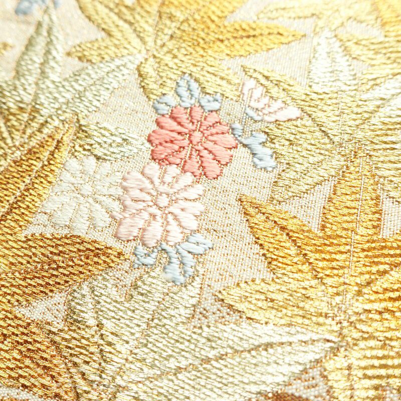 袋帯 六通柄 フォーマル用 正絹 木の葉・植物柄 箔 金糸 帯 赤・朱_画像6