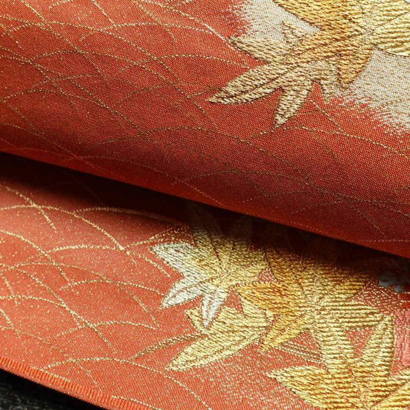 袋帯 六通柄 フォーマル用 正絹 木の葉・植物柄 箔 金糸 帯 赤・朱_画像7