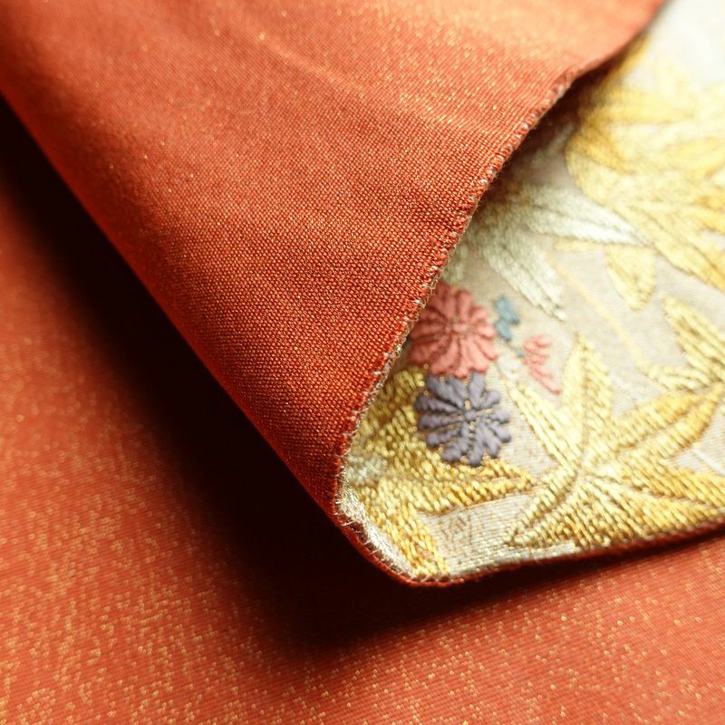 袋帯 六通柄 フォーマル用 正絹 木の葉・植物柄 箔 金糸 帯 赤・朱_画像10