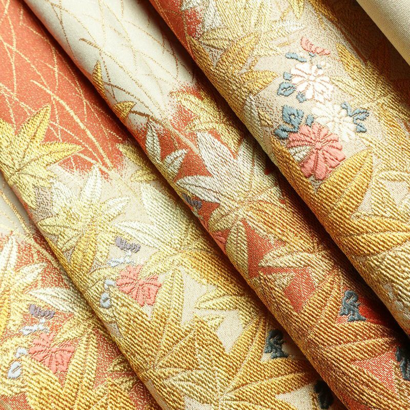 袋帯 六通柄 フォーマル用 正絹 木の葉・植物柄 箔 金糸 帯 赤・朱_画像20