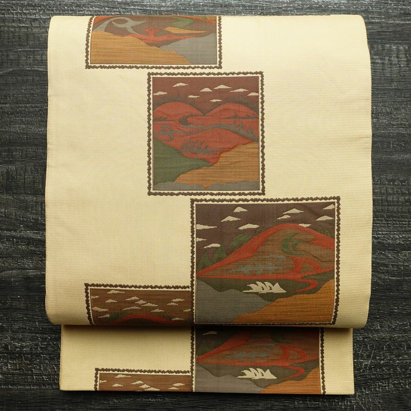 袋帯 六通柄 古今絵巻 紹巴帯 一般用 正絹 風景柄 帯 ベージュ_画像1