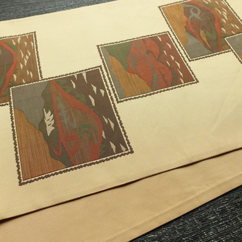 袋帯 六通柄 古今絵巻 紹巴帯 一般用 正絹 風景柄 帯 ベージュ_画像10