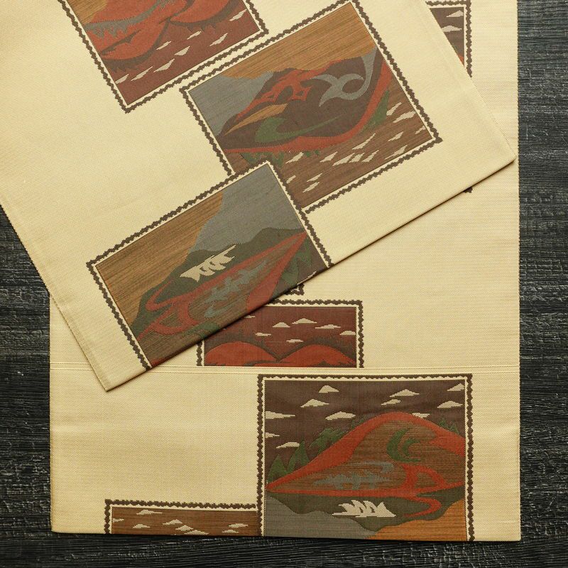 袋帯 六通柄 古今絵巻 紹巴帯 一般用 正絹 風景柄 帯 ベージュ_画像12