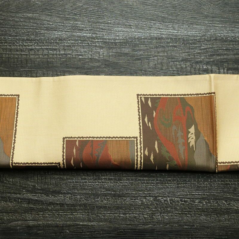 袋帯 六通柄 古今絵巻 紹巴帯 一般用 正絹 風景柄 帯 ベージュ_画像14