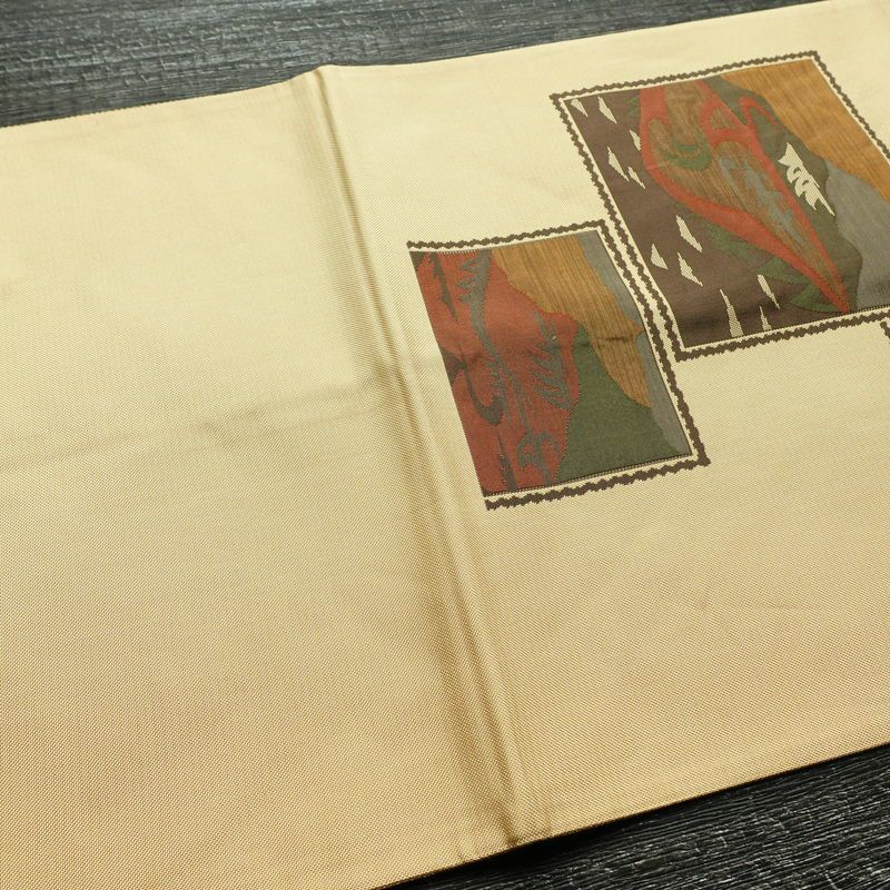 袋帯 六通柄 古今絵巻 紹巴帯 一般用 正絹 風景柄 帯 ベージュ_画像15