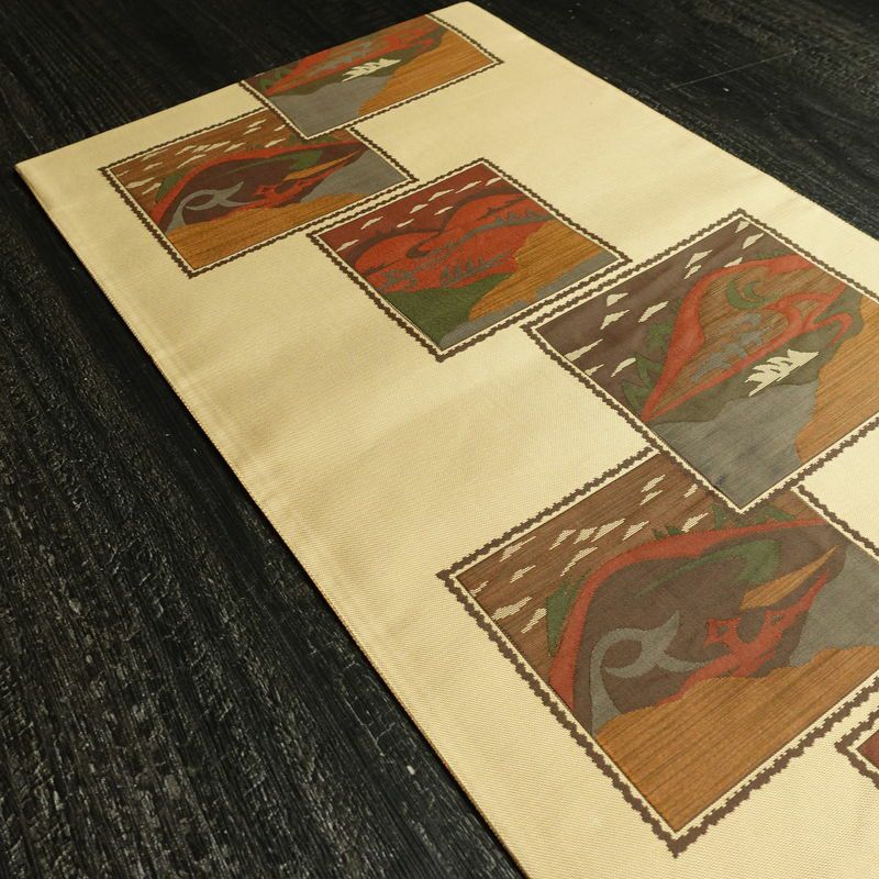 袋帯 六通柄 古今絵巻 紹巴帯 一般用 正絹 風景柄 帯 ベージュ_画像17