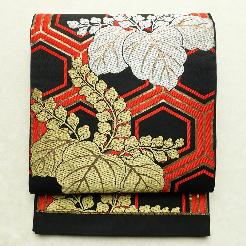 袋帯 未仕立て 六通柄 フォーマル用 正絹 亀甲 古典柄 帯 黒_画像1