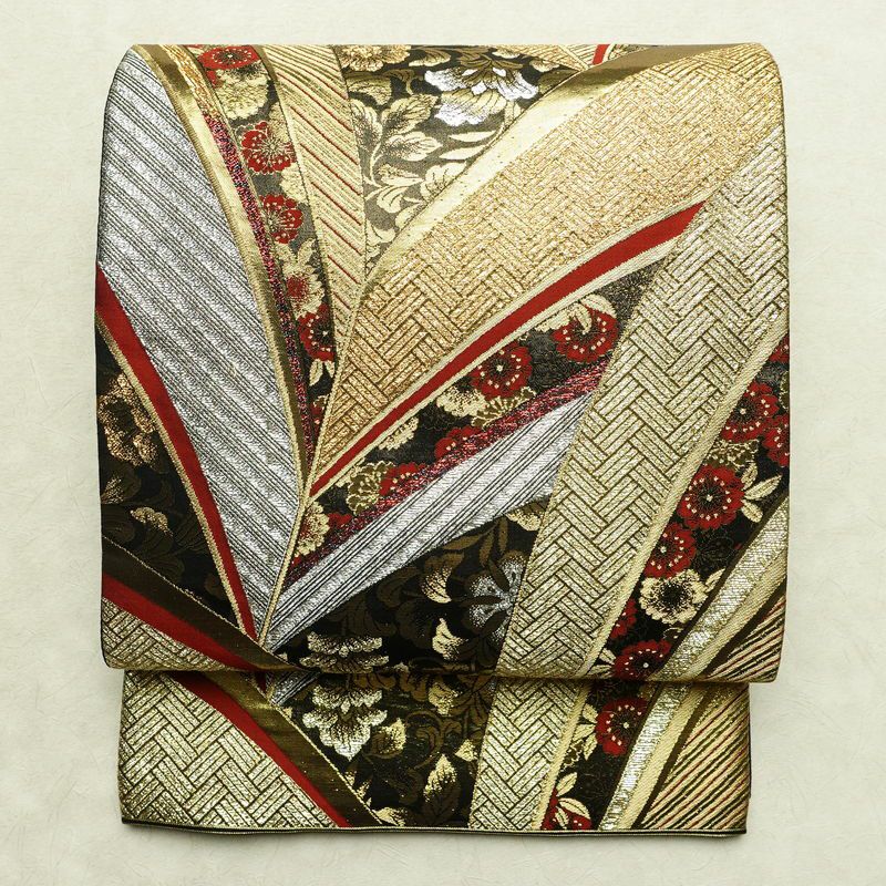 袋帯 線調花舞錦 六通柄 振袖用 正絹 古典柄 箔 金糸 銀糸 帯 黒_画像1