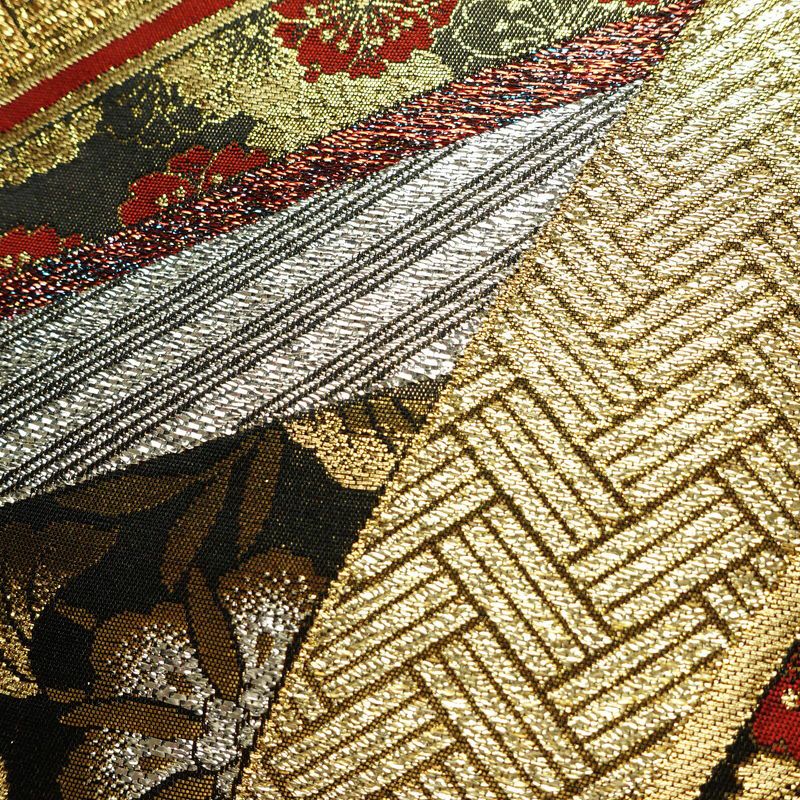 袋帯 線調花舞錦 六通柄 振袖用 正絹 古典柄 箔 金糸 銀糸 帯 黒_画像3