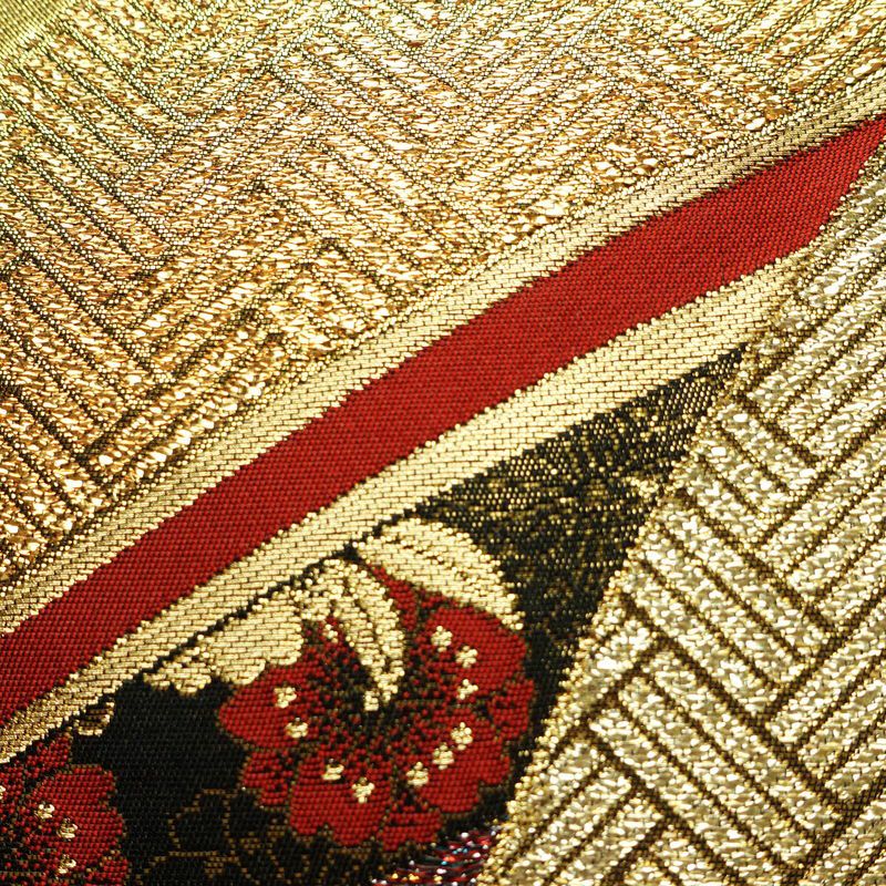 袋帯 線調花舞錦 六通柄 振袖用 正絹 古典柄 箔 金糸 銀糸 帯 黒_画像4