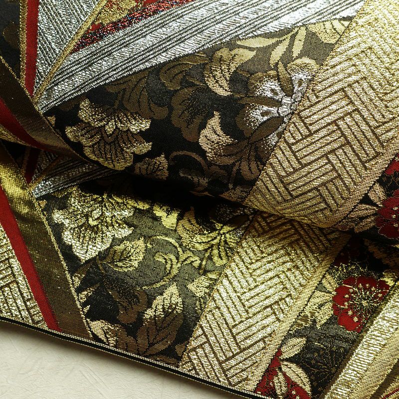 袋帯 線調花舞錦 六通柄 振袖用 正絹 古典柄 箔 金糸 銀糸 帯 黒_画像7