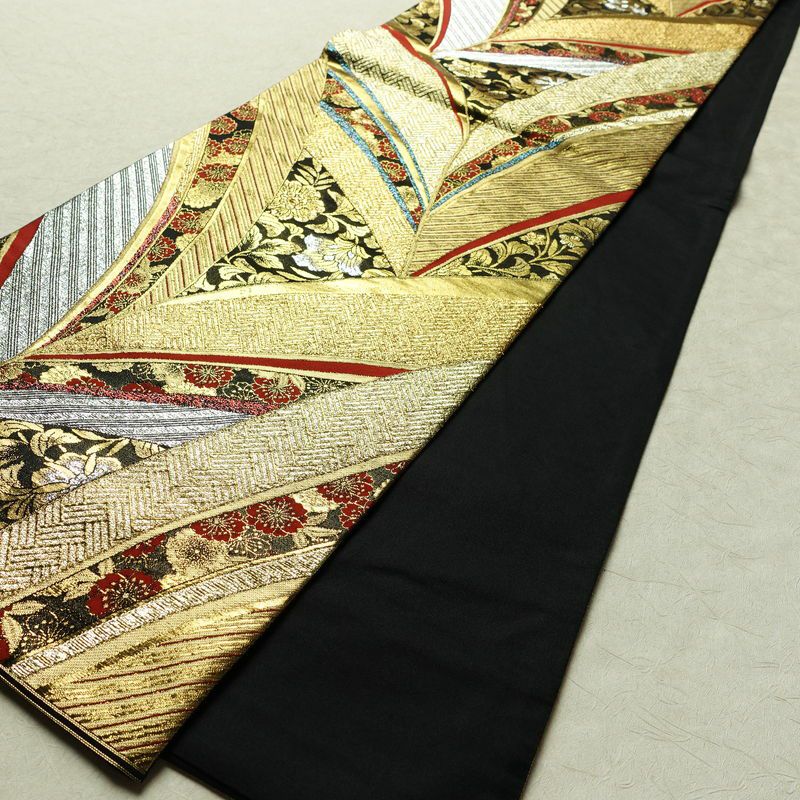 袋帯 線調花舞錦 六通柄 振袖用 正絹 古典柄 箔 金糸 銀糸 帯 黒_画像8