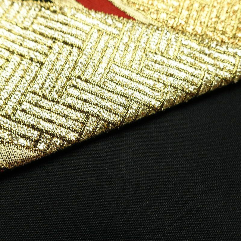 袋帯 線調花舞錦 六通柄 振袖用 正絹 古典柄 箔 金糸 銀糸 帯 黒_画像12