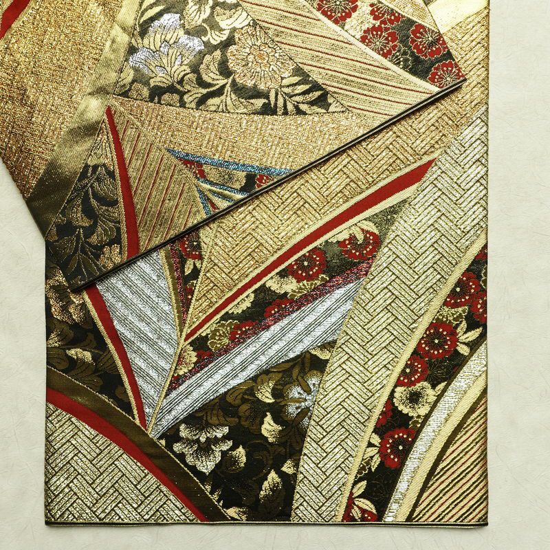 袋帯 線調花舞錦 六通柄 振袖用 正絹 古典柄 箔 金糸 銀糸 帯 黒_画像13
