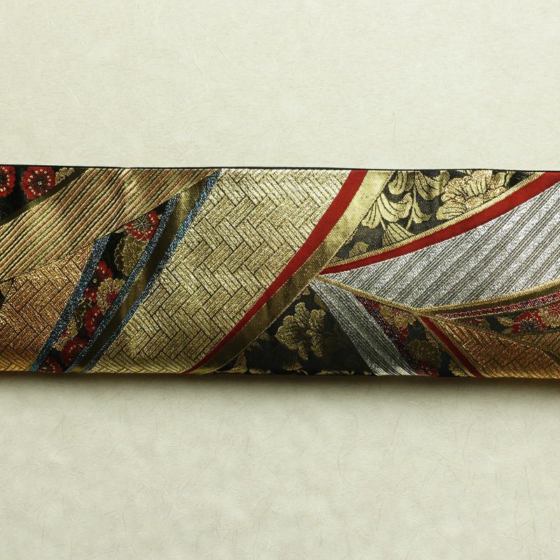袋帯 線調花舞錦 六通柄 振袖用 正絹 古典柄 箔 金糸 銀糸 帯 黒_画像14