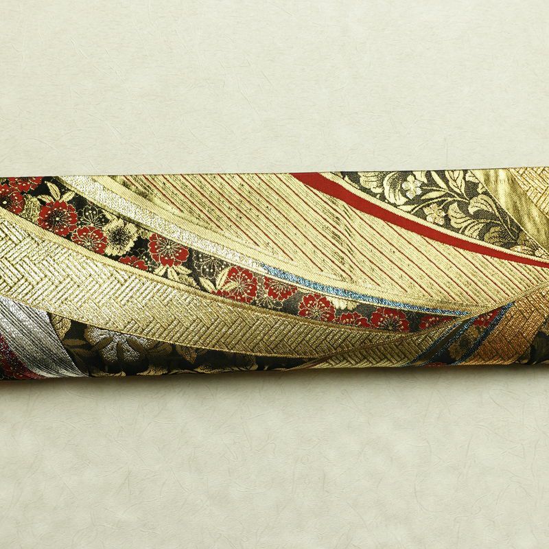 袋帯 線調花舞錦 六通柄 振袖用 正絹 古典柄 箔 金糸 銀糸 帯 黒_画像15