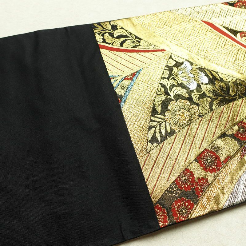 袋帯 線調花舞錦 六通柄 振袖用 正絹 古典柄 箔 金糸 銀糸 帯 黒_画像16