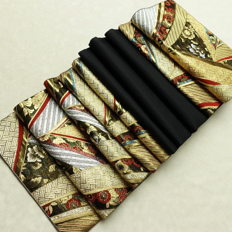 袋帯 線調花舞錦 六通柄 振袖用 正絹 古典柄 箔 金糸 銀糸 帯 黒_画像18