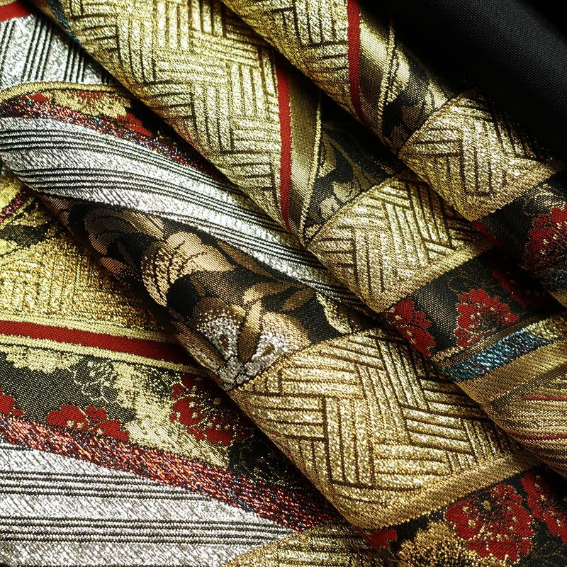 袋帯 線調花舞錦 六通柄 振袖用 正絹 古典柄 箔 金糸 銀糸 帯 黒_画像19