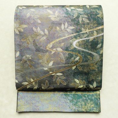 袋帯 六通柄 美品 フォーマル用 正絹 木の葉・植物柄 箔 金糸 銀糸 帯 多色使い