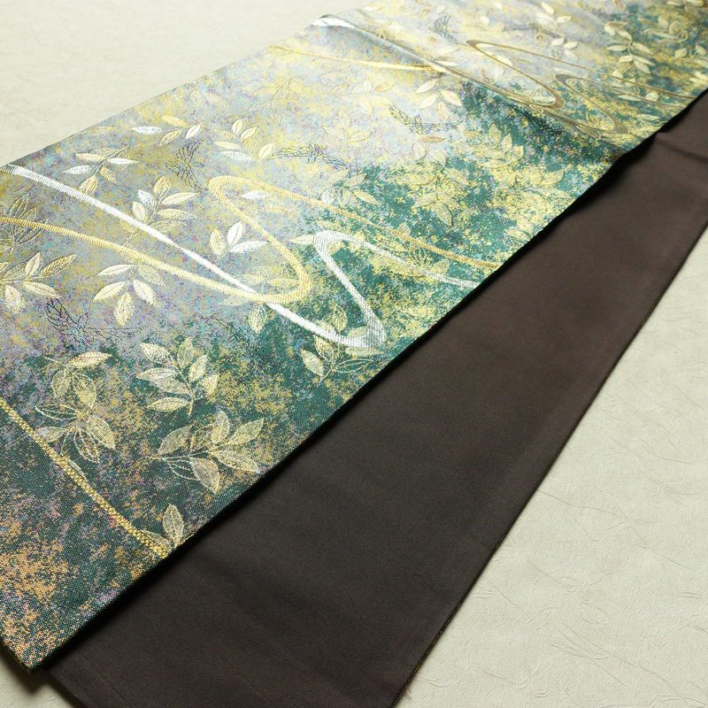 袋帯 六通柄 美品 フォーマル用 正絹 木の葉・植物柄 箔 金糸 銀糸 帯 多色使い_画像8
