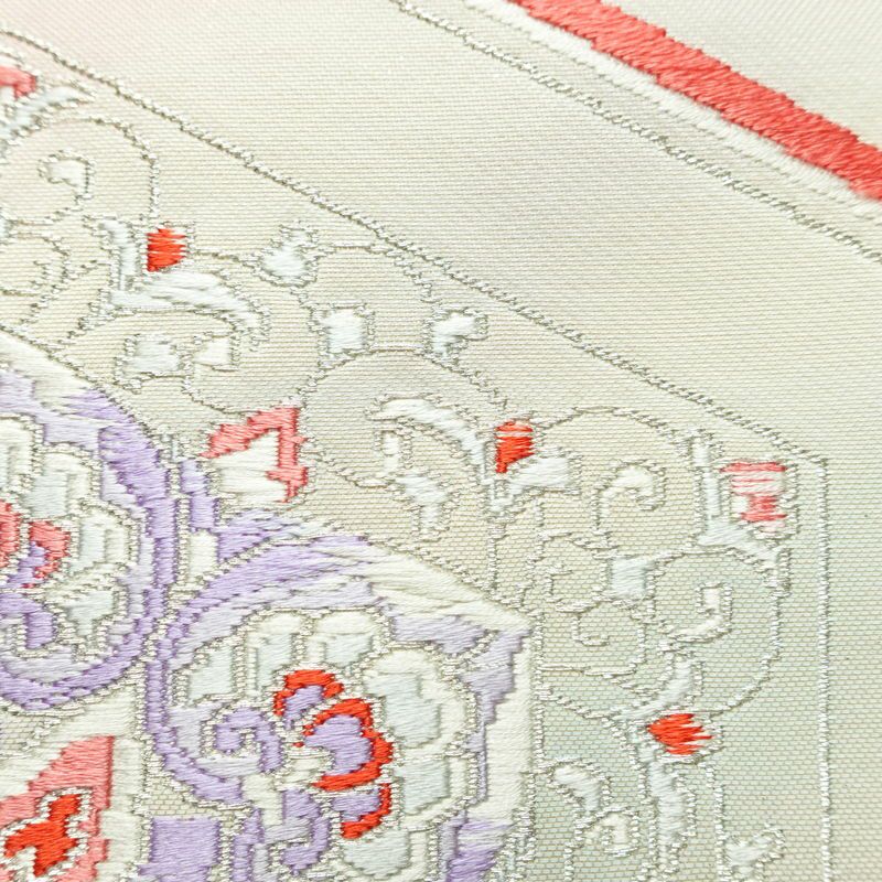 名古屋帯 太鼓柄 正絹 幾何学柄・抽象柄 名古屋仕立て 銀糸 帯 白_画像4