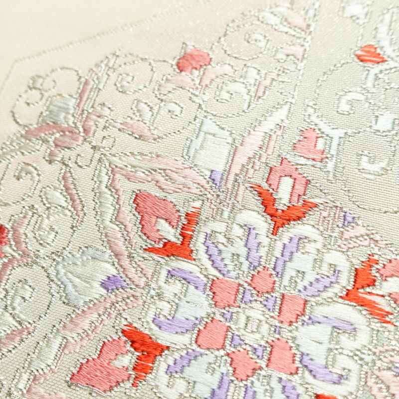 名古屋帯 太鼓柄 正絹 幾何学柄・抽象柄 名古屋仕立て 銀糸 帯 白_画像6