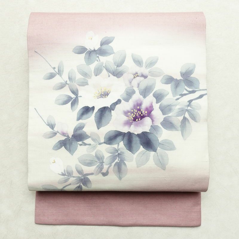 名古屋帯 太鼓柄 良品 手描き 佳志 落款入り 正絹 花柄 名古屋仕立て 箔 帯 ピンク_画像1