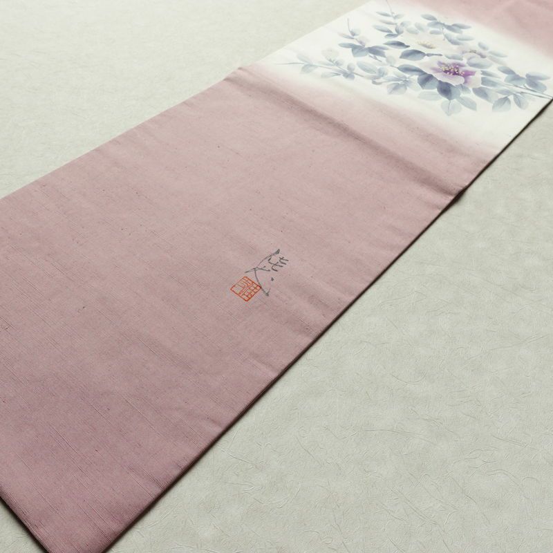 名古屋帯 太鼓柄 良品 手描き 佳志 落款入り 正絹 花柄 名古屋仕立て 箔 帯 ピンク_画像9