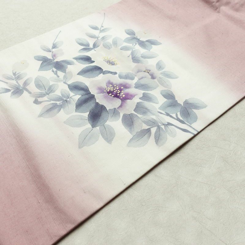 名古屋帯 太鼓柄 良品 手描き 佳志 落款入り 正絹 花柄 名古屋仕立て 箔 帯 ピンク_画像12