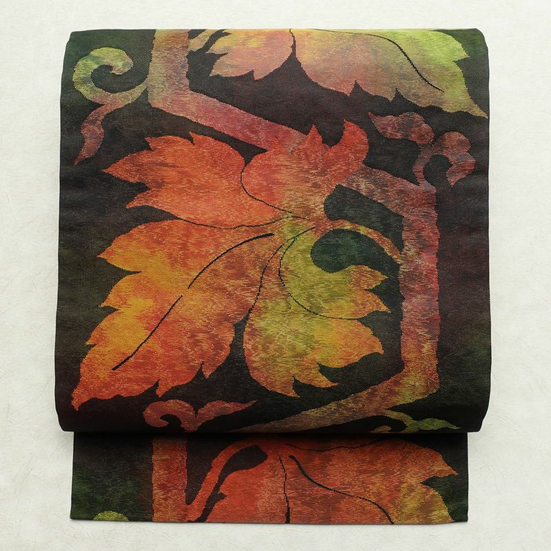 名古屋帯 太鼓柄 正絹 木の葉・植物柄 名古屋仕立て 帯 緑・うぐいす色_画像1