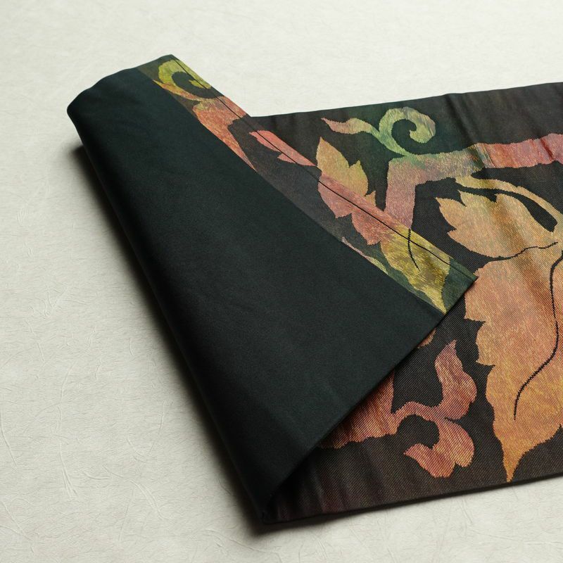 名古屋帯 太鼓柄 正絹 木の葉・植物柄 名古屋仕立て 帯 緑・うぐいす色_画像9