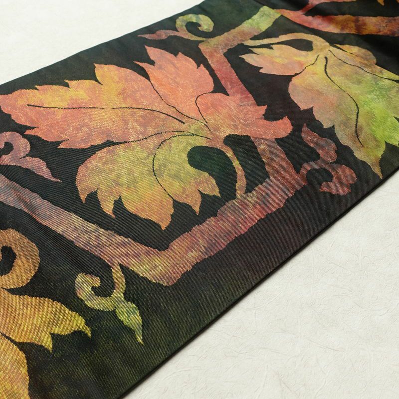 名古屋帯 太鼓柄 正絹 木の葉・植物柄 名古屋仕立て 帯 緑・うぐいす色_画像11