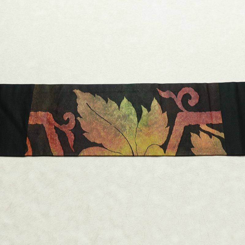 名古屋帯 太鼓柄 正絹 木の葉・植物柄 名古屋仕立て 帯 緑・うぐいす色_画像13