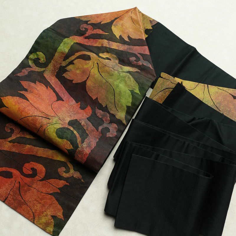 名古屋帯 太鼓柄 正絹 木の葉・植物柄 名古屋仕立て 帯 緑・うぐいす色_画像16