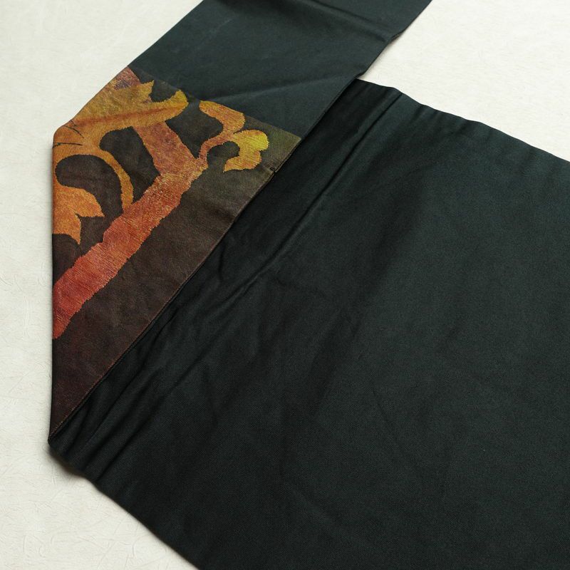 名古屋帯 太鼓柄 正絹 木の葉・植物柄 名古屋仕立て 帯 緑・うぐいす色_画像18