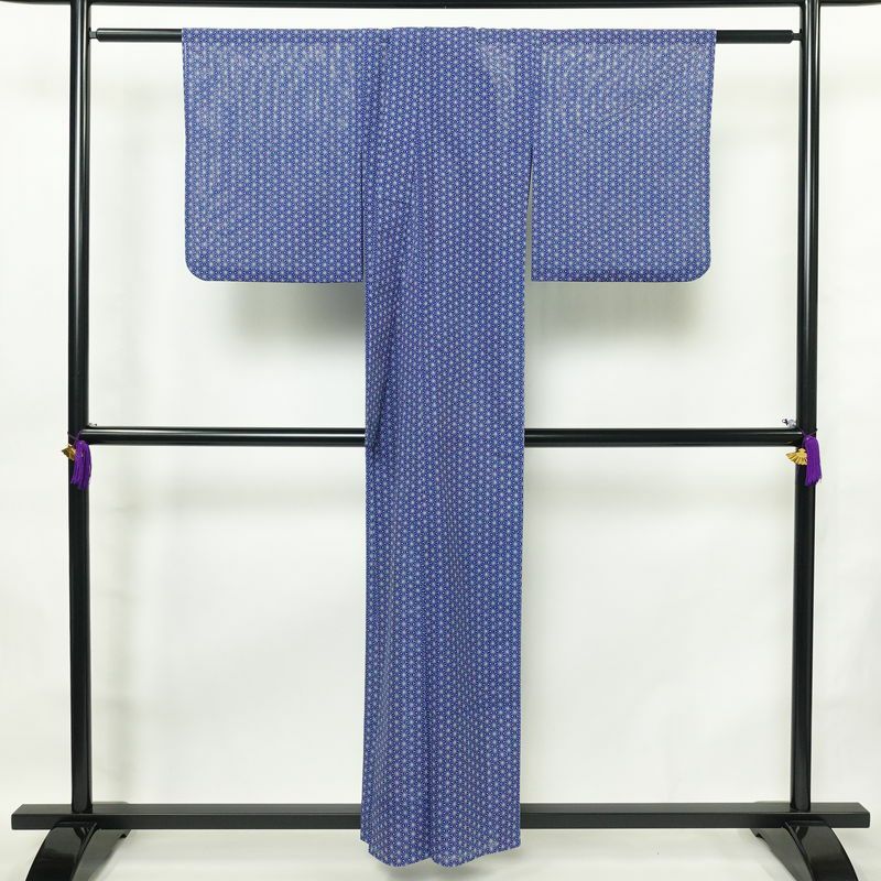 盛夏 小紋 絽 良品 夏用 ポリエステル 麻の葉柄 単衣仕立て 身丈155.5cm 裄丈64.5cm 着物 青・紺_画像2