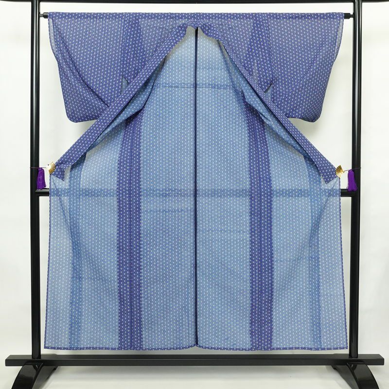 盛夏 小紋 絽 良品 夏用 ポリエステル 麻の葉柄 単衣仕立て 身丈155.5cm 裄丈64.5cm 着物 青・紺_画像3