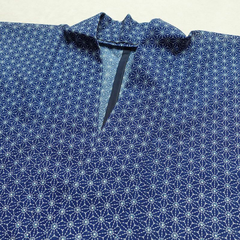 盛夏 小紋 絽 良品 夏用 ポリエステル 麻の葉柄 単衣仕立て 身丈155.5cm 裄丈64.5cm 着物 青・紺_画像16