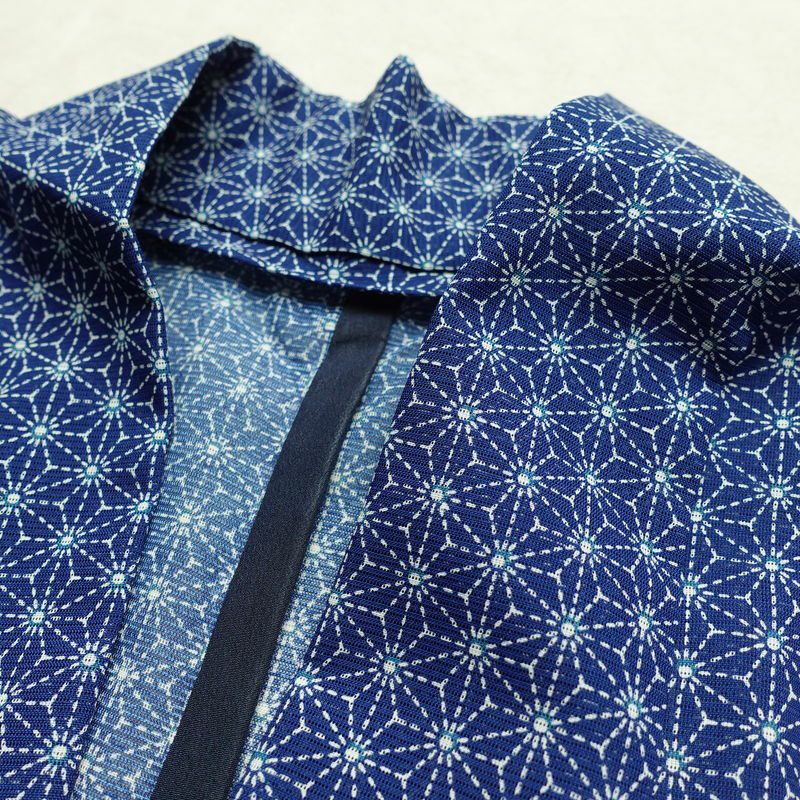 盛夏 小紋 絽 良品 夏用 ポリエステル 麻の葉柄 単衣仕立て 身丈155.5cm 裄丈64.5cm 着物 青・紺_画像17