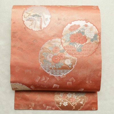 名古屋帯 六通柄 美品 正絹 古典柄 名古屋仕立て 帯 サーモンピンク ピンク