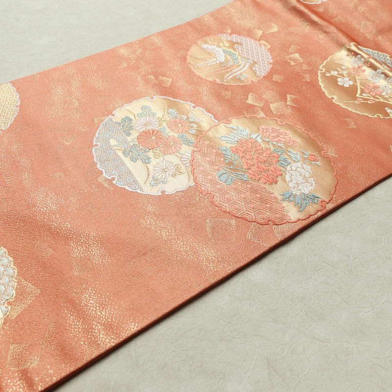 名古屋帯 六通柄 美品 正絹 古典柄 名古屋仕立て 帯 サーモンピンク ピンク_画像11