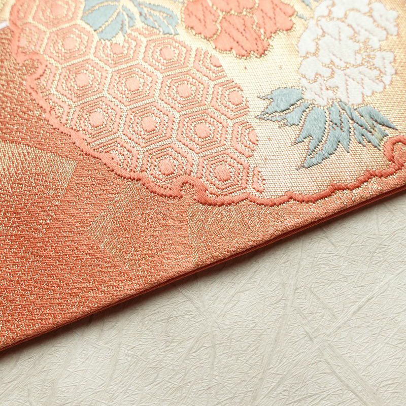 名古屋帯 六通柄 美品 正絹 古典柄 名古屋仕立て 帯 サーモンピンク ピンク_画像12