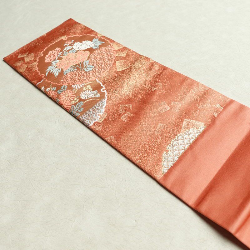 名古屋帯 六通柄 美品 正絹 古典柄 名古屋仕立て 帯 サーモンピンク ピンク_画像16